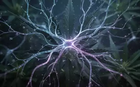 Ein stilisiertes neuronales Netzwerk mit leuchtenden Bahnen und abstrakten Cannabisblättern, das medizinische Forschung und Schmerztherapie symbolisiert. - Foto: über boerse-global.de