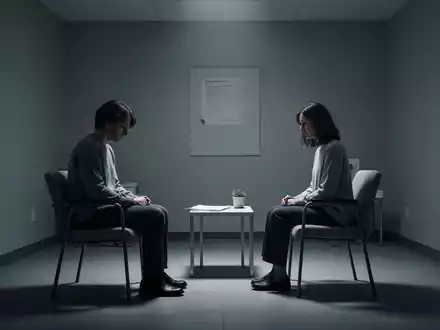 Eine einzelne Person sitzt nachdenklich in einem schummrigen Therapieraum, der Isolation und psychische Belastung symbolisiert. - Foto: über boerse-global.de