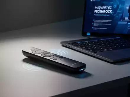 A modern presentation remote, possibly a Logitech Spotlight 2, next to a laptop displaying a presentation, symbolizing new tech. - Foto: über boerse-global.de