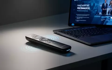 A modern presentation remote, possibly a Logitech Spotlight 2, next to a laptop displaying a presentation, symbolizing new tech. - Foto: über boerse-global.de