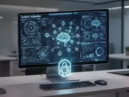 A futuristic desktop screen showing an AI interface with data visualizations and interconnected windows, symbolizing an 'Agent Swarm'. - Foto: über boerse-global.de