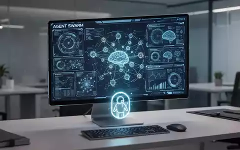 A futuristic desktop screen showing an AI interface with data visualizations and interconnected windows, symbolizing an 'Agent Swarm'. - Foto: über boerse-global.de