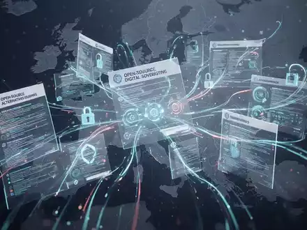 Digital documents and data streams, symbolizing open-source software and digital independence, with a subtle European map. - Foto: über boerse-global.de