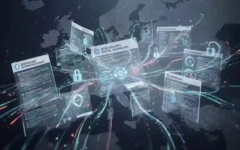 Digital documents and data streams, symbolizing open-source software and digital independence, with a subtle European map. - Foto: über boerse-global.de