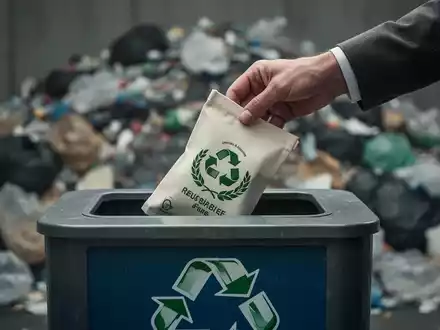Eine Hand legt einen wiederverwendbaren Gegenstand in einen Recyclingbehälter, im Hintergrund unscharfer, überquellender Müll. - Foto: über boerse-global.de