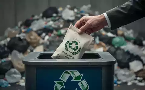 Eine Hand legt einen wiederverwendbaren Gegenstand in einen Recyclingbehälter, im Hintergrund unscharfer, überquellender Müll. - Foto: über boerse-global.de