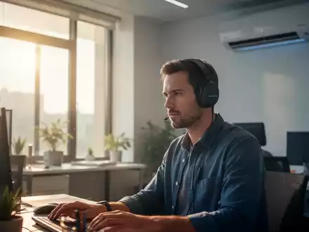 Ein konzentrierter Arbeiter mit Kopfhörern in einem modernen Büro, das trotz Sonneneinstrahlung kühl und ruhig wirkt. - Foto: über boerse-global.de