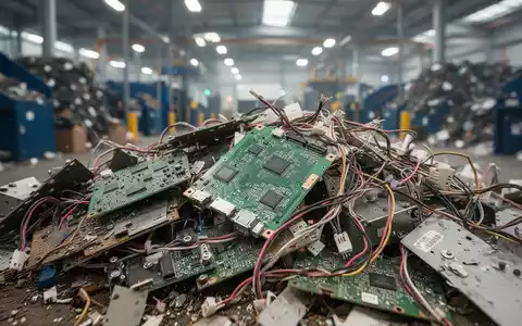 Ein Nahaufnahme-Bild von Elektroschrott: Leiterplatten, Drähte und Bauteile auf einem Haufen, im Hintergrund unscharf eine Recyclinganlage. - Foto: über boerse-global.de