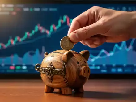 Eine Hand legt eine Münze in ein Sparschwein, im Hintergrund unscharfe Finanzdiagramme auf einem Bildschirm. - Foto: über boerse-global.de