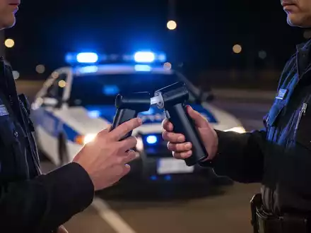 Ein Polizist führt nachts einen Alkoholtest am Straßenrand durch, beleuchtet von den Blaulichtern eines Polizeiwagens. - Foto: über boerse-global.de