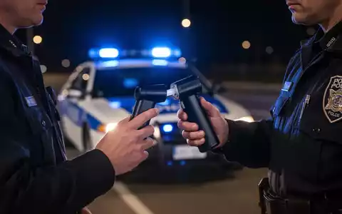 Ein Polizist führt nachts einen Alkoholtest am Straßenrand durch, beleuchtet von den Blaulichtern eines Polizeiwagens. - Foto: über boerse-global.de