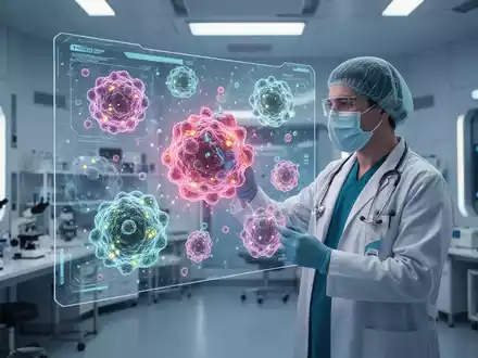 Ein medizinisches Fachpersonal betrachtet eine digitale Visualisierung von Prostatakrebszellen auf einem transparenten Bildschirm in einem Labor. - Foto: über boerse-global.de