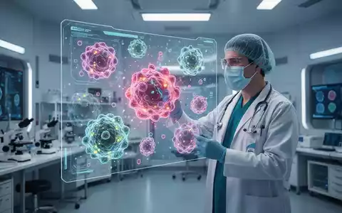 Ein medizinisches Fachpersonal betrachtet eine digitale Visualisierung von Prostatakrebszellen auf einem transparenten Bildschirm in einem Labor. - Foto: über boerse-global.de