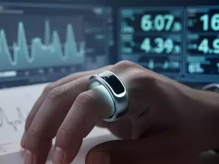 Ein moderner, manschettenloser Blutdruckmessring an einem Finger, mit verschwommenen medizinischen Daten im Hintergrund. - Foto: über boerse-global.de