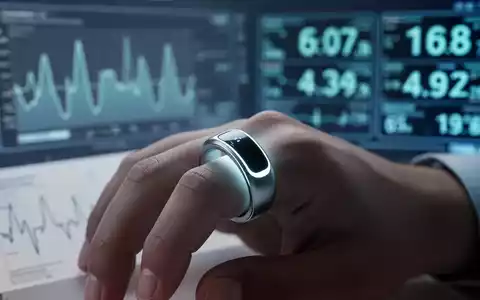 Ein moderner, manschettenloser Blutdruckmessring an einem Finger, mit verschwommenen medizinischen Daten im Hintergrund. - Foto: über boerse-global.de