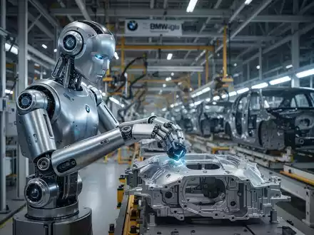 A humanoid robot interacting with a car component on an assembly line in a modern factory setting. - Foto: über boerse-global.de