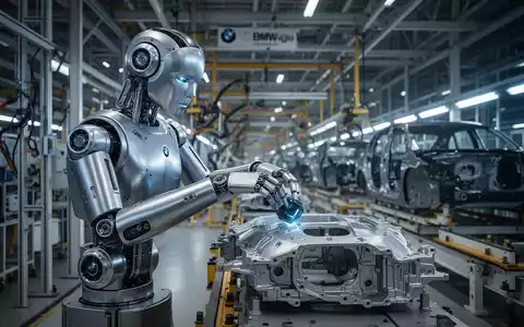 A humanoid robot interacting with a car component on an assembly line in a modern factory setting. - Foto: über boerse-global.de