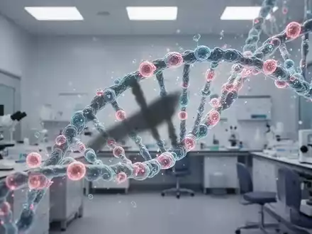 Nahaufnahme von stilisierten DNA-Strängen, die sich mit leuchtenden Zellstrukturen verflechten, mit einem subtilen Schatten. - Foto: über boerse-global.de