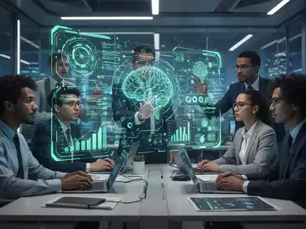 Ein Team arbeitet in einem modernen Büro, eine Person interagiert mit einer holografischen Anzeige von KI-Daten. - Foto: über boerse-global.de