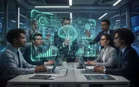 Ein Team arbeitet in einem modernen Büro, eine Person interagiert mit einer holografischen Anzeige von KI-Daten. - Foto: über boerse-global.de