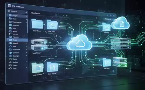 A glowing, abstract digital interface of a file manager, showing files and cloud icons seamlessly integrated with data streams. - Foto: über boerse-global.de