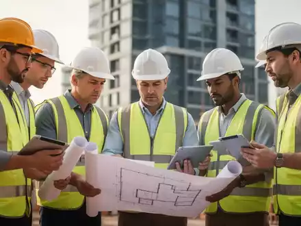 Experten in Schutzkleidung prüfen Baupläne und Tablets auf einer Baustelle, mit einem modernen Gebäude im Hintergrund. - Foto: über boerse-global.de