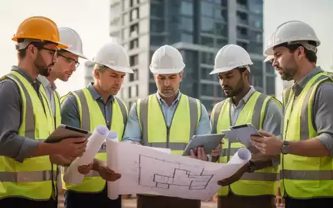 Experten in Schutzkleidung prüfen Baupläne und Tablets auf einer Baustelle, mit einem modernen Gebäude im Hintergrund. - Foto: über boerse-global.de