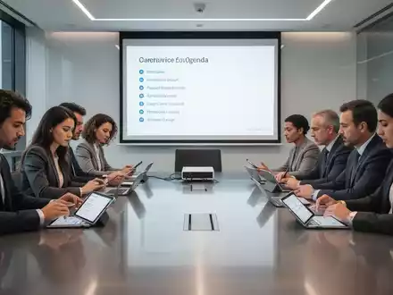 Professionals in a modern conference room, focused on a discussion with digital tools and a projected agenda, symbolizing efficient meetings. - Foto: über boerse-global.de
