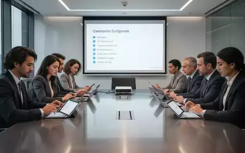 Professionals in a modern conference room, focused on a discussion with digital tools and a projected agenda, symbolizing efficient meetings. - Foto: über boerse-global.de
