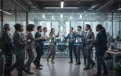 Geschäftsleute in einem modernen Büro, die über interne Karrierewege diskutieren, mit digitalen Anzeigen, die Vernetzung und Entwicklung symbolisieren. - Foto: über boerse-global.de