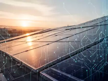 Nahaufnahme von Solarmodulen auf einem Dach bei Sonnenaufgang, mit warmem Licht und angedeuteten Finanzdaten. - Foto: über boerse-global.de