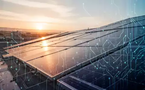 Nahaufnahme von Solarmodulen auf einem Dach bei Sonnenaufgang, mit warmem Licht und angedeuteten Finanzdaten. - Foto: über boerse-global.de