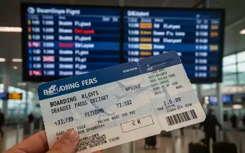 Eine Nahaufnahme einer Bordkarte mit einem unscharfen Anzeigebildschirm am Flughafen, der Flugverspätungen anzeigt. - Foto: über boerse-global.de