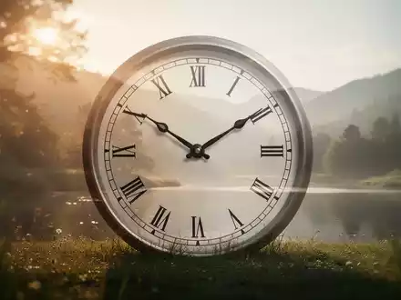 Eine stilisierte Uhr verschmilzt mit einer friedlichen Naturlandschaft, die Work-Life-Balance und Zeitmanagement symbolisiert. - Foto: über boerse-global.de