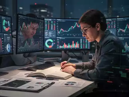 Eine Person studiert konzentriert an einem modernen Schreibtisch, umgeben von Finanzdiagrammen und digitalen Bildschirmen. - Foto: über boerse-global.de