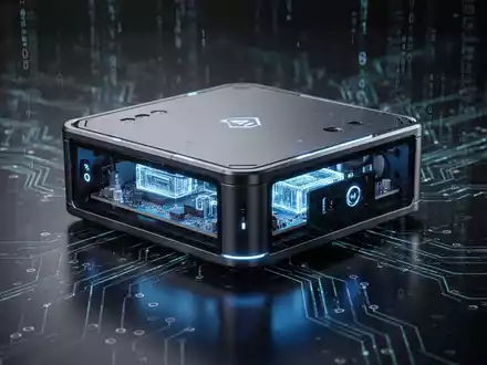 A futuristic mini-PC with glowing blue internal components, representing a high-performance AI developer platform. - Foto: über boerse-global.de