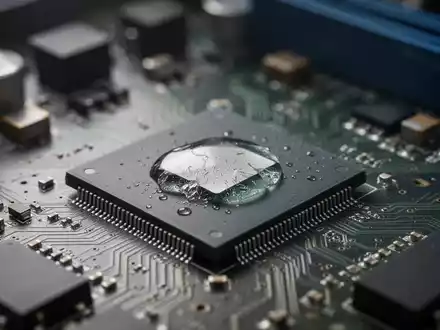 Close-up of a damaged, swollen computer CPU chip on a circuit board, highlighting hardware failure and technical issues. - Foto: über boerse-global.de
