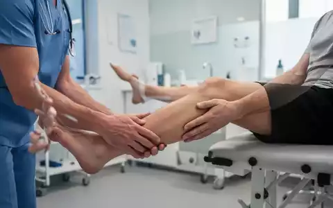 Hände eines Physiotherapeuten unterstützen das Bein eines Patienten während einer Rehabilitation nach einer Operation. - Foto: über boerse-global.de