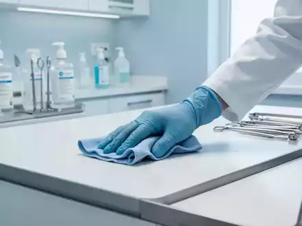 Eine sterile Arztpraxis mit einem Fokus auf Hygiene. Eine behandschuhte Hand wischt eine Oberfläche ab. Desinfektionsmittel und medizinische Instrumente sind im Hintergrund zu sehen. - Foto: über boerse-global.de