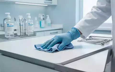 Eine sterile Arztpraxis mit einem Fokus auf Hygiene. Eine behandschuhte Hand wischt eine Oberfläche ab. Desinfektionsmittel und medizinische Instrumente sind im Hintergrund zu sehen. - Foto: über boerse-global.de