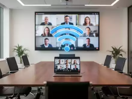 Ein leerer Konferenzraum mit einem Bildschirm, der ein Videomeeting zeigt, und einem schwebenden WLAN-Symbol über einem Laptop. - Foto: über boerse-global.de