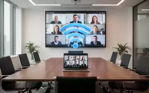 Ein leerer Konferenzraum mit einem Bildschirm, der ein Videomeeting zeigt, und einem schwebenden WLAN-Symbol über einem Laptop. - Foto: über boerse-global.de