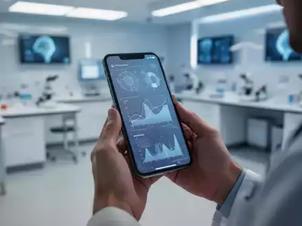 Hände halten ein Smartphone, das eine digitale Benutzeroberfläche mit Datenvisualisierungen anzeigt. Im Hintergrund eine verschwommene Klinik. - Foto: über boerse-global.de