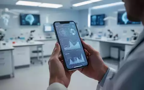 Hände halten ein Smartphone, das eine digitale Benutzeroberfläche mit Datenvisualisierungen anzeigt. Im Hintergrund eine verschwommene Klinik. - Foto: über boerse-global.de