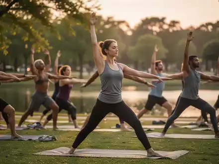 Eine vielfältige Gruppe von Menschen praktiziert Yoga im Freien in einem Park bei Sonnenuntergang, mit warmer, weicher Beleuchtung. - Foto: über boerse-global.de
