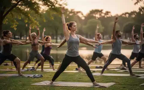 Eine vielfältige Gruppe von Menschen praktiziert Yoga im Freien in einem Park bei Sonnenuntergang, mit warmer, weicher Beleuchtung. - Foto: über boerse-global.de