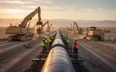 Industrielle Pipeline-Baustelle in einer weiten, trockenen Landschaft bei Sonnenaufgang mit Maschinen und Arbeitern. - Foto: über boerse-global.de