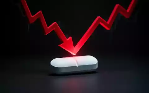 Roter, abwärts gerichteter Pfeil durchdringt eine stilisierte pharmazeutische Pille, Symbol für Aktienrückgang im Gesundheitswesen. - Foto: über boerse-global.de