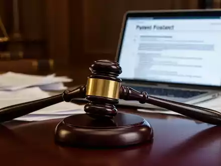 Ein Nahaufnahme eines Richthammer auf einem dunklen Holztisch, mit unscharfen juristischen Dokumenten und einem Laptop im Hintergrund. - Foto: über boerse-global.de