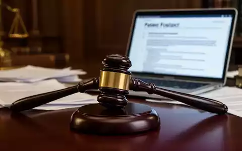 Ein Nahaufnahme eines Richthammer auf einem dunklen Holztisch, mit unscharfen juristischen Dokumenten und einem Laptop im Hintergrund. - Foto: über boerse-global.de